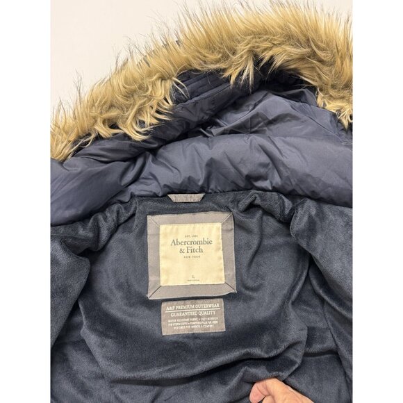 Abercrombie & Fitch Hooded Winter Puffer Jacket Coat Women XL Fur Trim Long Knee - Picture 7 of 7